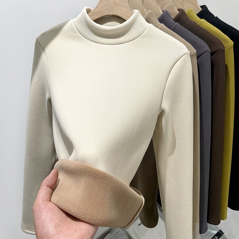 K Suéter de gola alta justa como camada de base; Blusa quente de lã plus size com gola pequena para mulheres; Mangas compridas_voghion.com