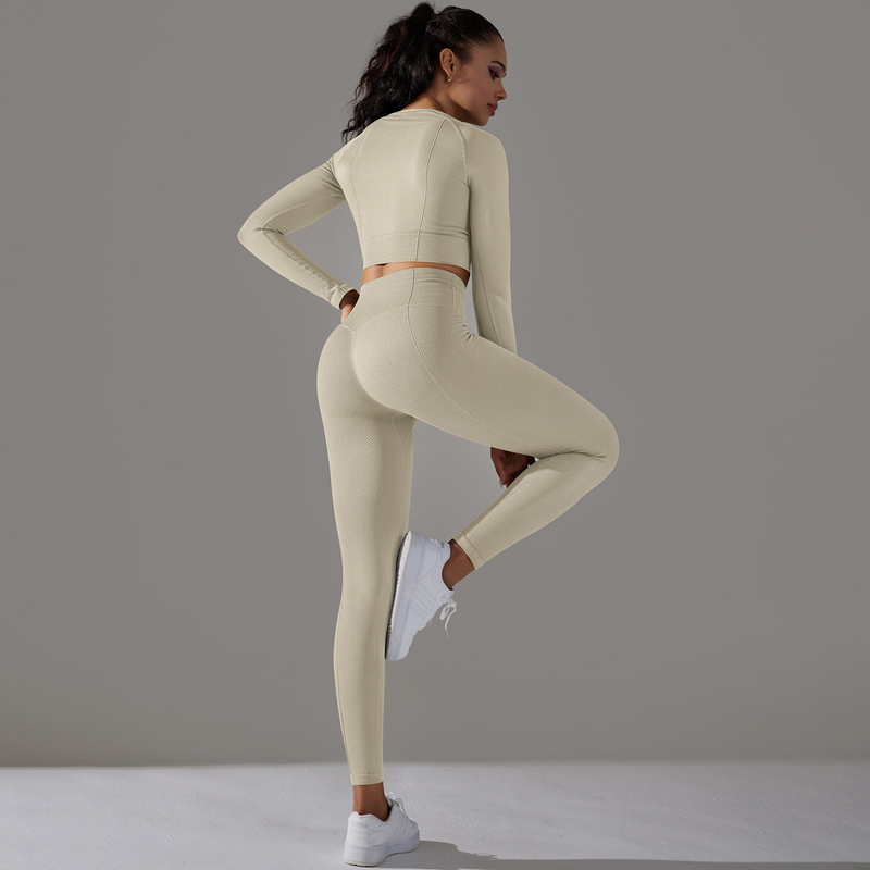 Women's Jacquard Yoga Dress Long Sleeve Suit High Waist Hip Tights Fitness Sportswear_voghion.com