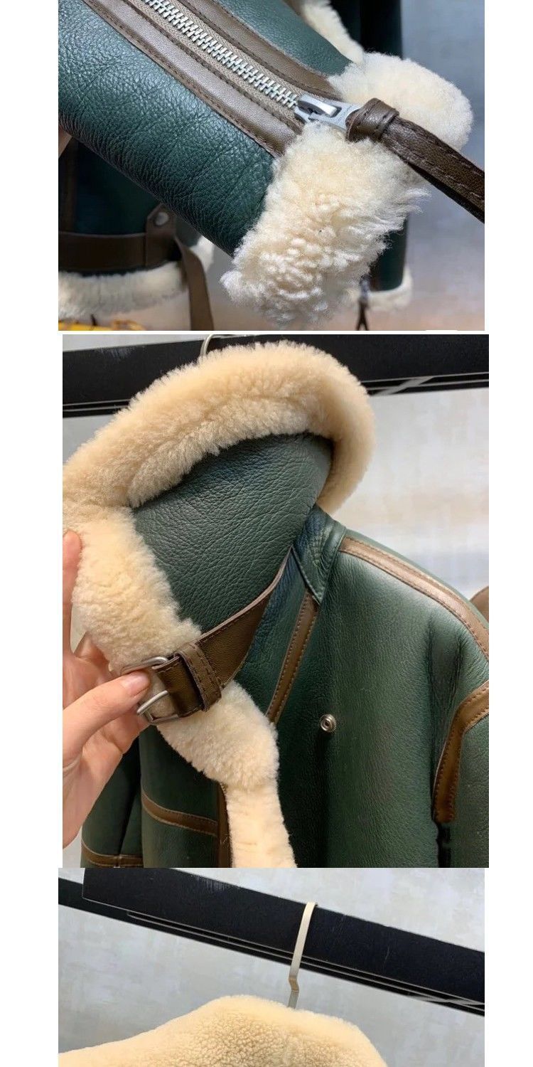 New Winter Green Patchwork Large Lapel Motorcycle Jacket Women's Thickened Short Fur Integrated Sheep Shearling Coat Pengquan_voghion.com