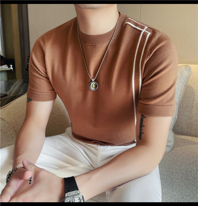Summer New Products Men's Thick Short Sleeve T-Shirt Threaded Neckline Short Sleeve Knitted Sweater Slim Fit Elastic Bottom Sweater Undershirt_voghion.com