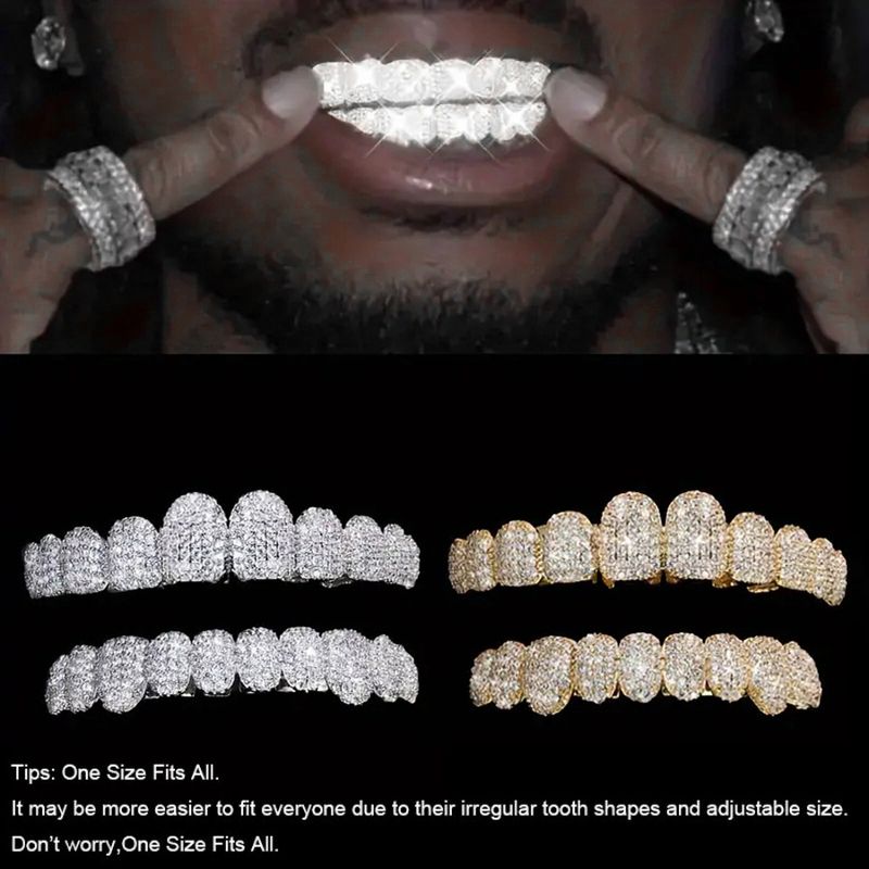 Bracelet hip-hop plaqué or véritable à 10 dents, micro pavé, diamètre complet, accessoires d'Halloween_voghion.com