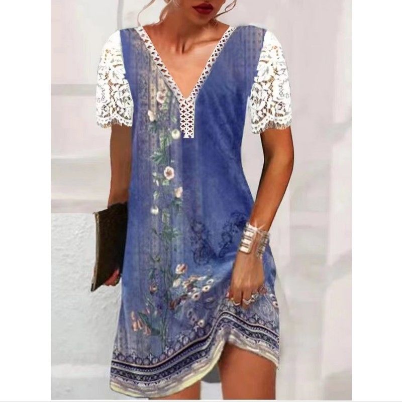 Women's Clothing women's casual lace splicing collar short-sleeved dress_voghion.com
