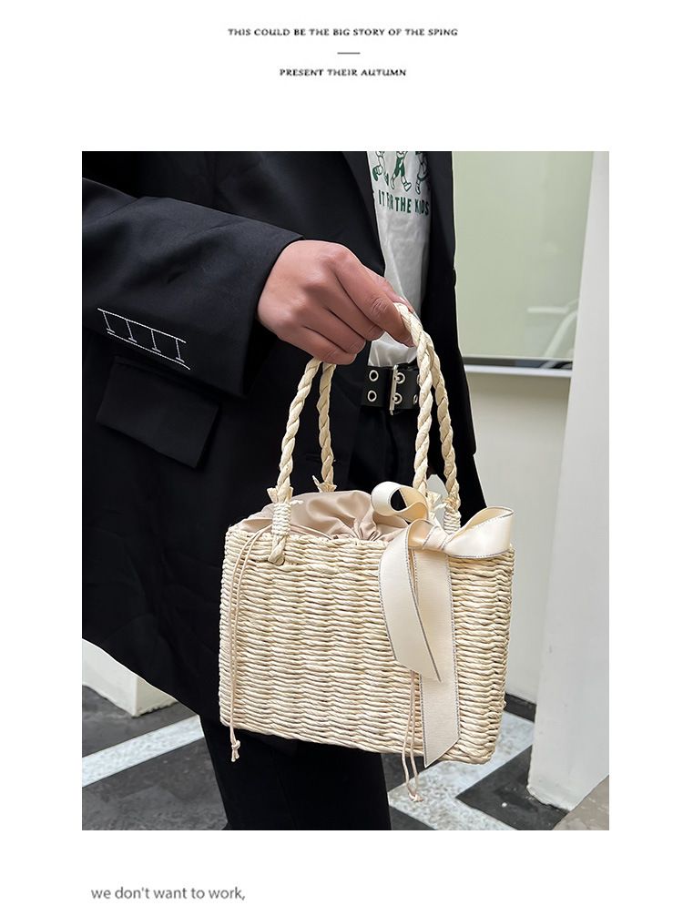 Women's Shoulder Bags Simple Hand-held Woven Bag, Handbag, Bow Tie Storage Basket, Woven Storage, Small Square Bag_voghion.com