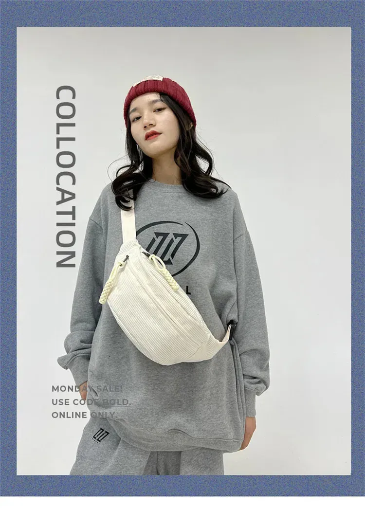 Marsupio da donna, grande capacità, in velluto a coste, stile street, borsa a tracolla, alla moda, cintura casual 250806_voghion.com