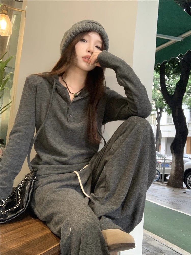 001 Casual Sports Suit For Women, Autumn New Loose Lazy Style, Youthful Fashionable Top And Wide-Leg Pants Two-Piece Set_voghion.com