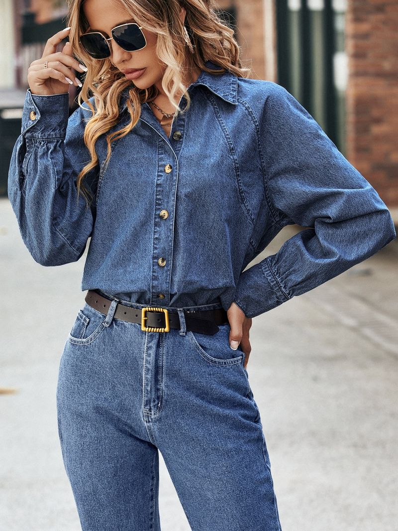Damenbekleidung, Vintage-Jeanshemdjacke für Damen – leichtes, übergroßes, lässiges Oberteil aus Baumwollmischung mit langen Ärmeln und klassischem Kragen (XS/S/M/L)_voghion.com
