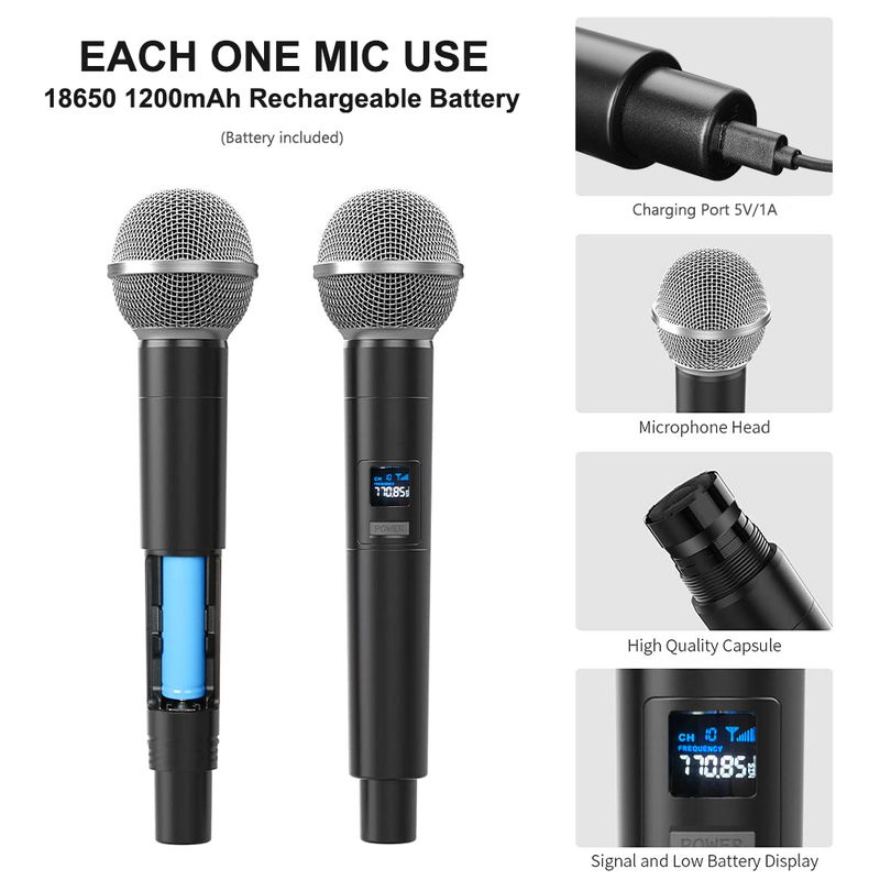 Drahtloses Mikrofon 1200 mAh UHF Professionelles dynamisches Handmikrofon Karaoke-Mikrofon mit Empfänger für Verstärker-PA-System_voghion.com
