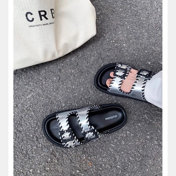 Multifunktionaler, einstufiger, offener Zehenbereich, zweireihiger Halbschuh, dicke Sohle, erhöhter Bokken-Slipper,_voghion.com