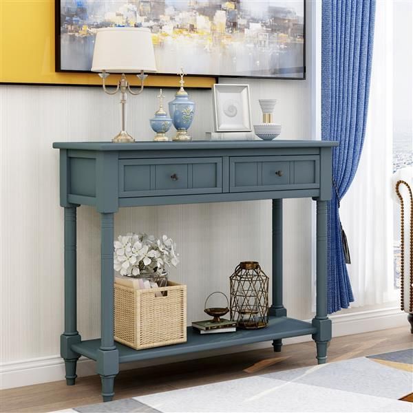 Console Table Traditional Design With Two Drawers And Bottom Shelf (Navy)_voghion.com