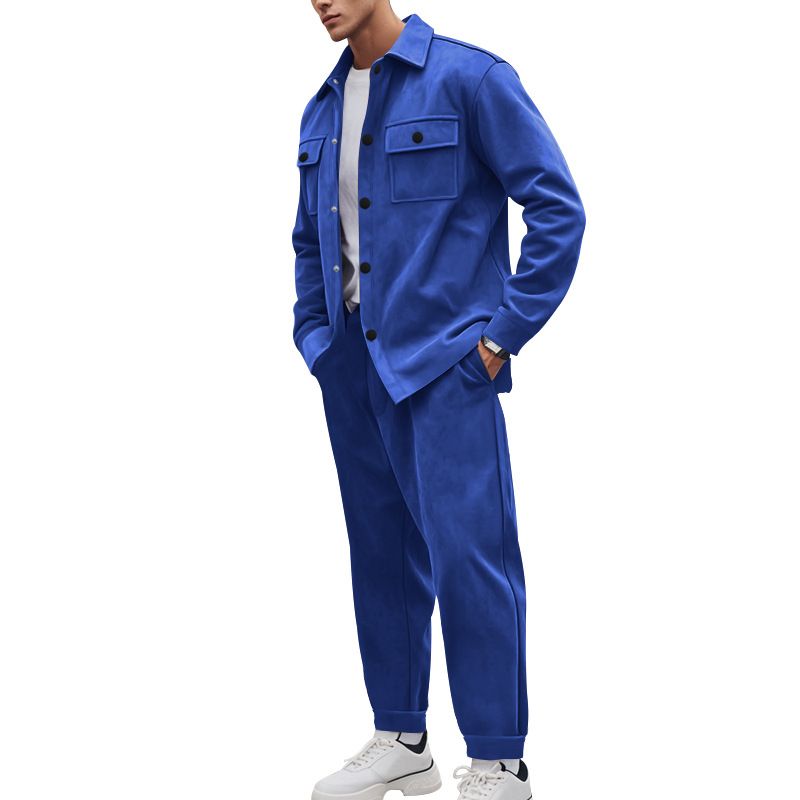 Autumn Winter American Style Jacket And Casual Pants Two-Piece Set Men's Solid Color Suede Suit_voghion.com