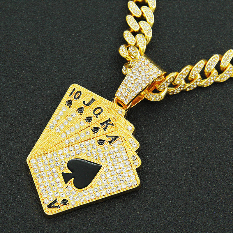 Colar com Pingente de Cartas de Baralho Hip Hop para Homens e Mulheres com Corrente Cubana de Cristal HipHop Iced Out Colares com Amuleto da Moda_voghion.com