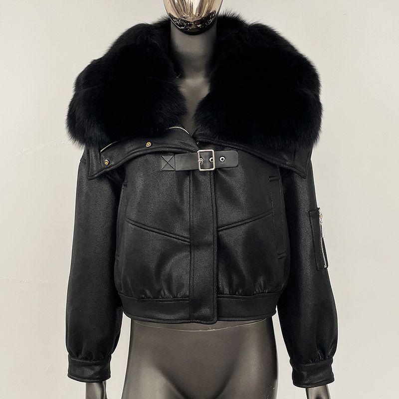 Wildlederjacke mit Kunstpelzbesatz – Wintertaugliches Lammfellfutter mit abnehmbarem Fuchskragen (Einheitsgröße, hochwertiges veganes Leder)_voghion.com