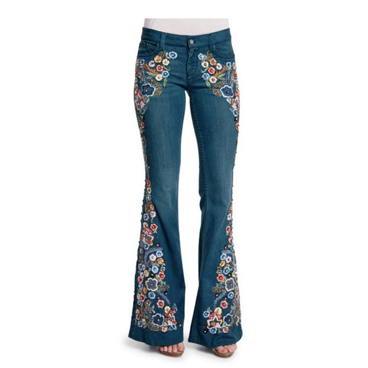 Plus Size Kvinder Boho Broderi Blomster Demin Bukser Sexede Boot Cut Jeans Heavy Metal Bukser 2025 Europæisk Mode Gade Demin Bukser_voghion.com