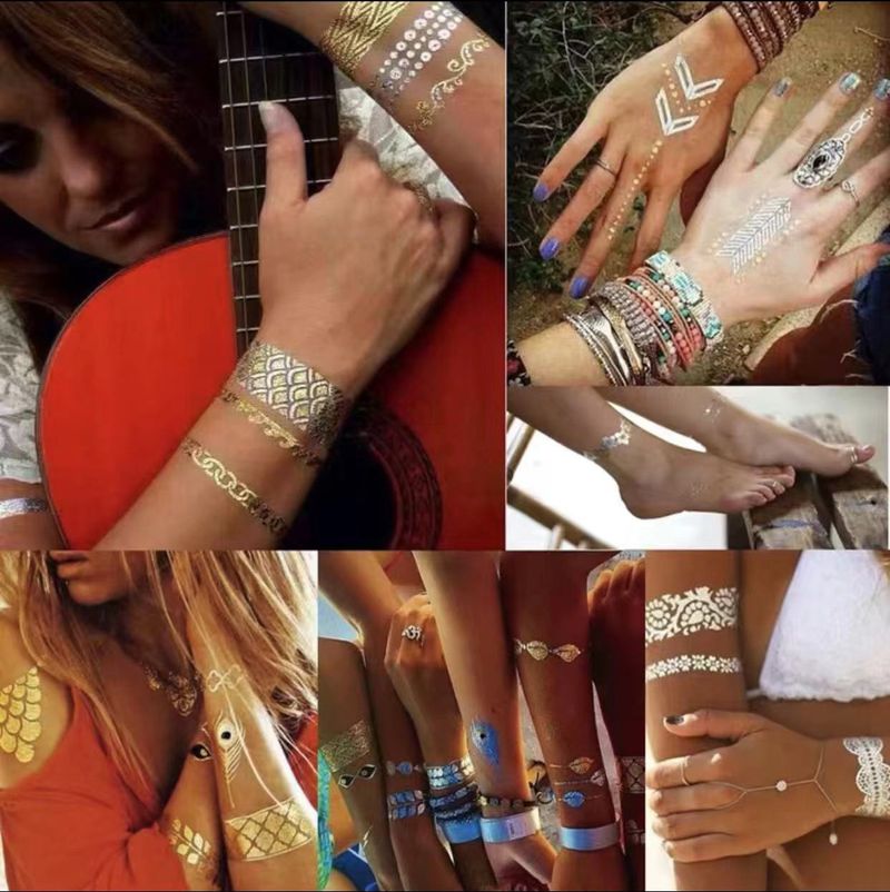 Autocollants de transfert d'eau imprimés en feuille d'or, style bohème, tatouage de fête_voghion.com