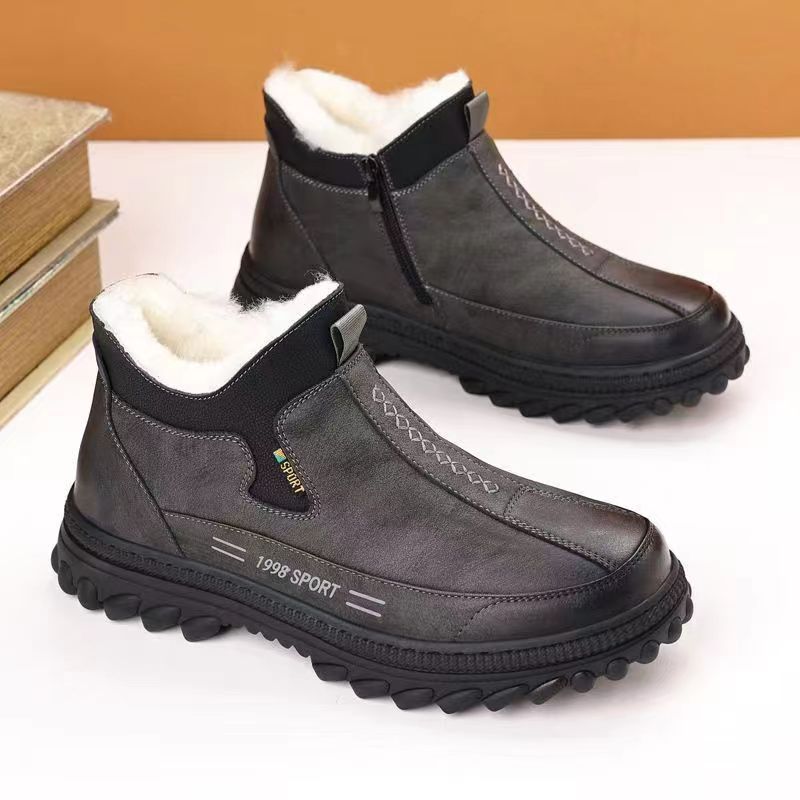 Winter Cotton With Fleece Lining, Thickened, Warm, Non-Slip, Leather Surface, Waterproof, Men's Casual Shoes, Work Shoes_voghion.com