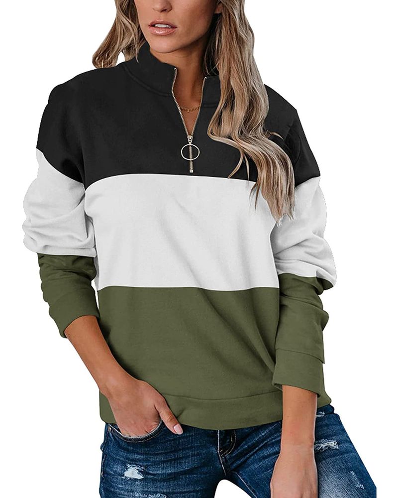Herbst und Winter Neue Damenbekleidung Farbkontrastnähte Reißverschluss Langarm Stehkragen T-Shirt Sweatshirt_voghion.com