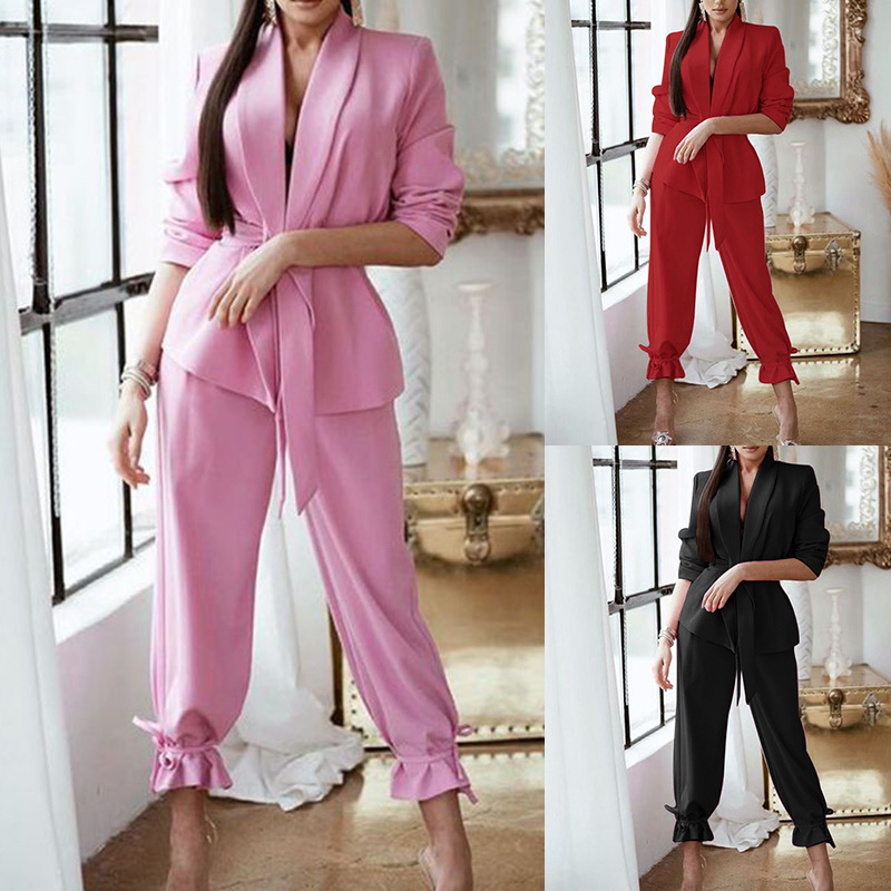 Costume deux pièces décontracté de couleur unie pour femmes_voghion.com