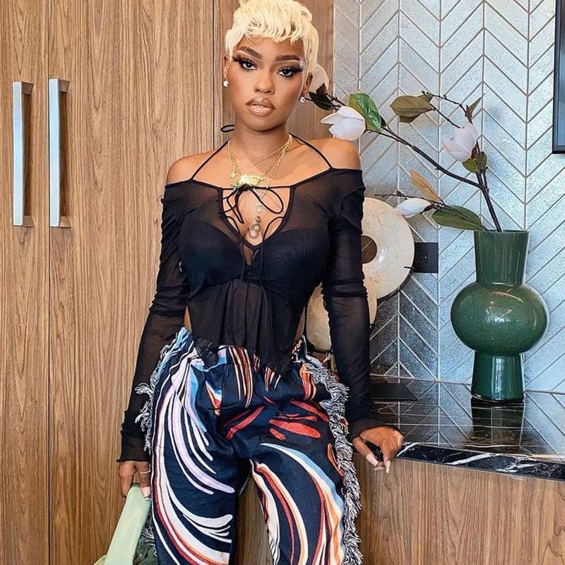 Plus Nine Q21TP300 Summer New Solid Color Lace up Neck Hanging Perspective Split Long sleeved Women's Top_voghion.com