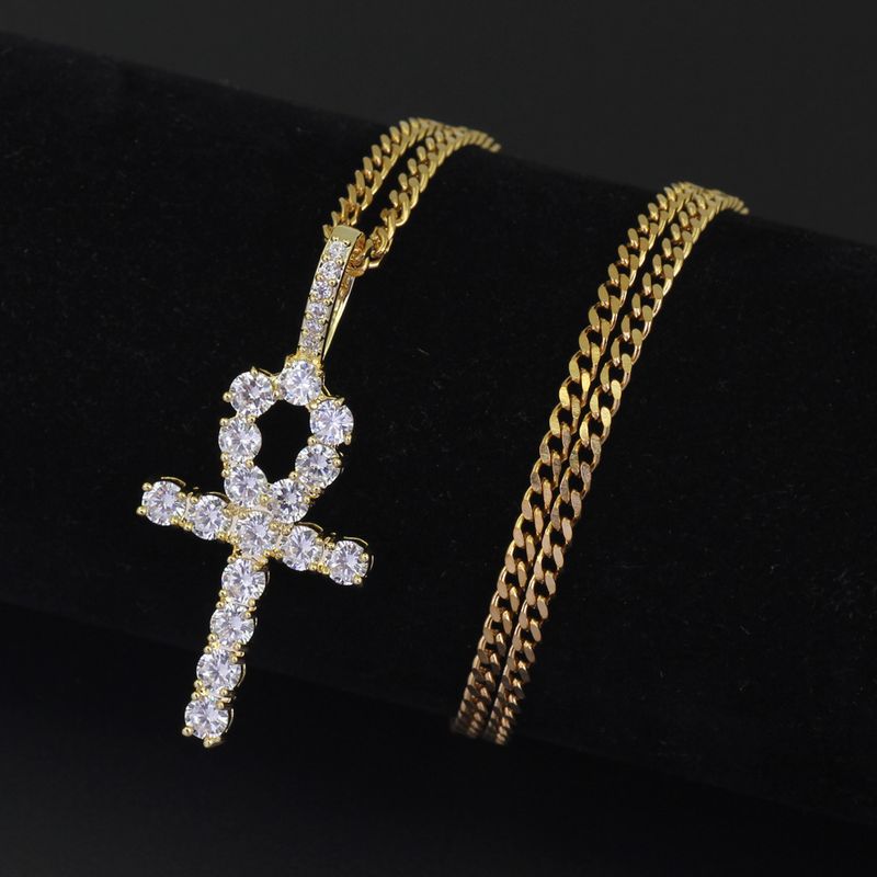 Collana da uomo con ciondolo a forma di croce egizia Ankh con micro pavé di zirconi e catena cubana da 4 mm in stile hip-hop_voghion.com