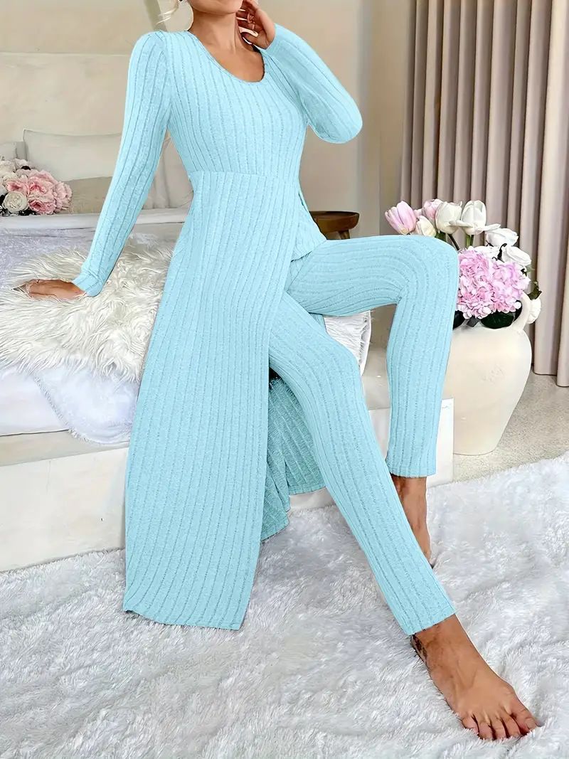 Damen Kleidung Design Rundhals Split Langarm Zweiteiler Anzug Gerippt Frühling_voghion.com