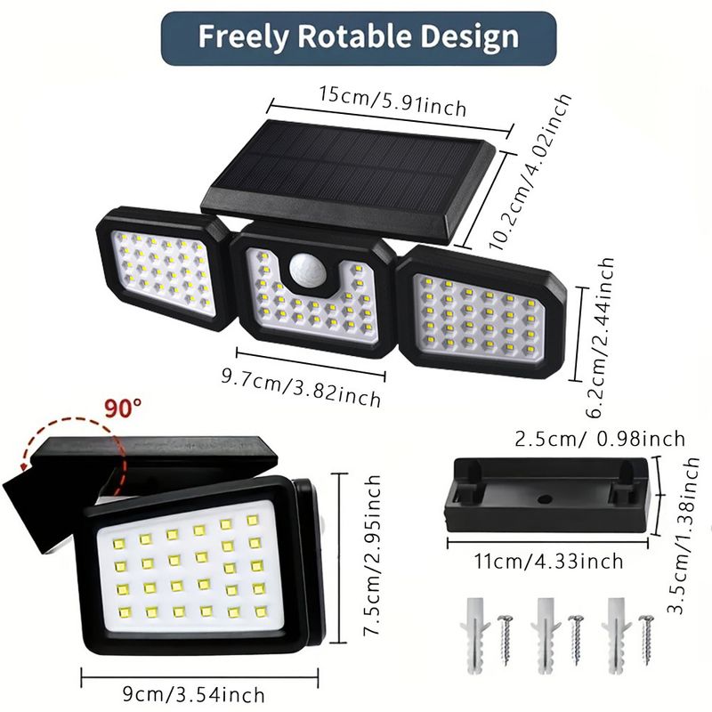 Buitenzonne-energie driezijdige draaibare wandlamp intelligente inductie brede hoek waterdichte duurzame tuinlamp_voghion.com