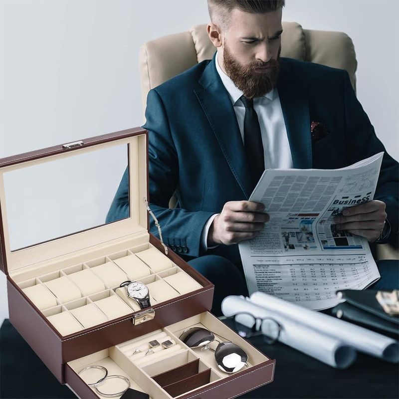 12 Slot Leather Lockable Watch Storage Boxes,Men & Women's Jewelry Display Drawer Case, 2-Tier Organizer Watch Showcase_voghion.com