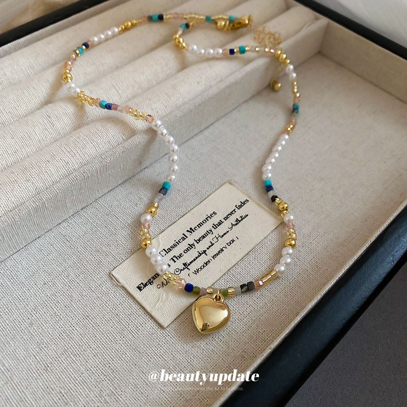 Colorful Crystal Pearl Heart Pendant Bead Neckl, Spring And Summer Ins Fashion Collarbone Chain, Niche High-end_voghion.com