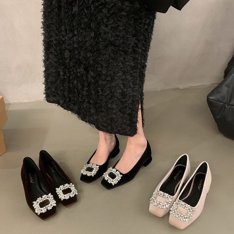 Tacco grosso stile francese strass elegante singolo per le donne nuovo nuovo primavera e autunno nero punta quadrata di fascia alta_voghion.com