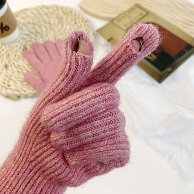 Μονόχρωμο πλεκτό χειμωνιάτικο γυναικείο ζεστό και αντιολισθητικό glo με οθόνη αφής, κορεάτικη έκδοση με χοντρό μαλλί για χώρισμα δακτύλων_voghion.com