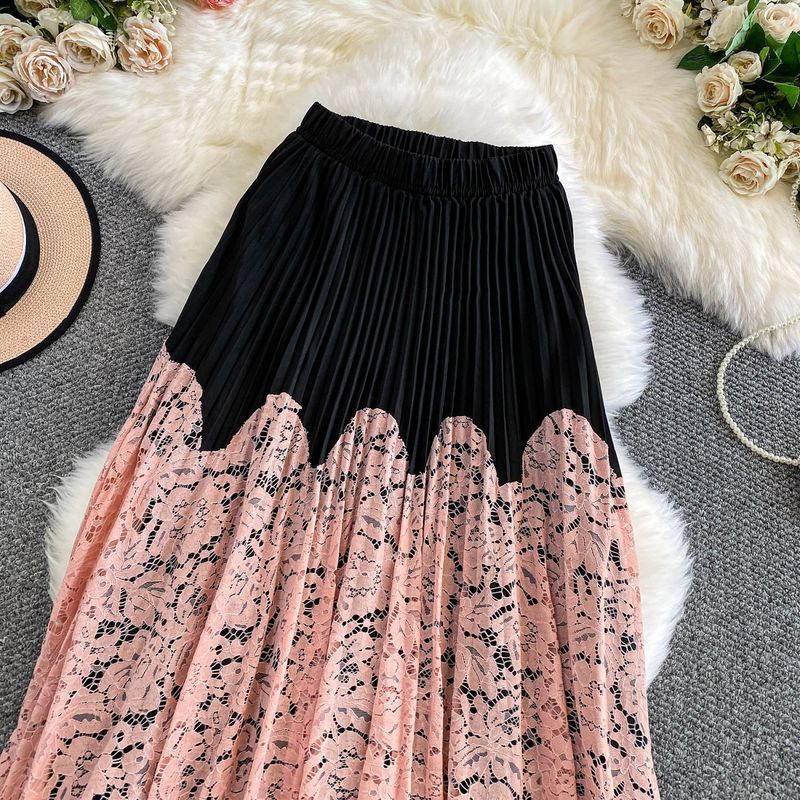 Damenbekleidung Eleganter Midirock mit Spitzenbesatz für Damen, hoch taillierter, ausgestellter Prinzessinnenrock mit plissiertem Saum, atmungsaktive Polyestermischung_voghion.com