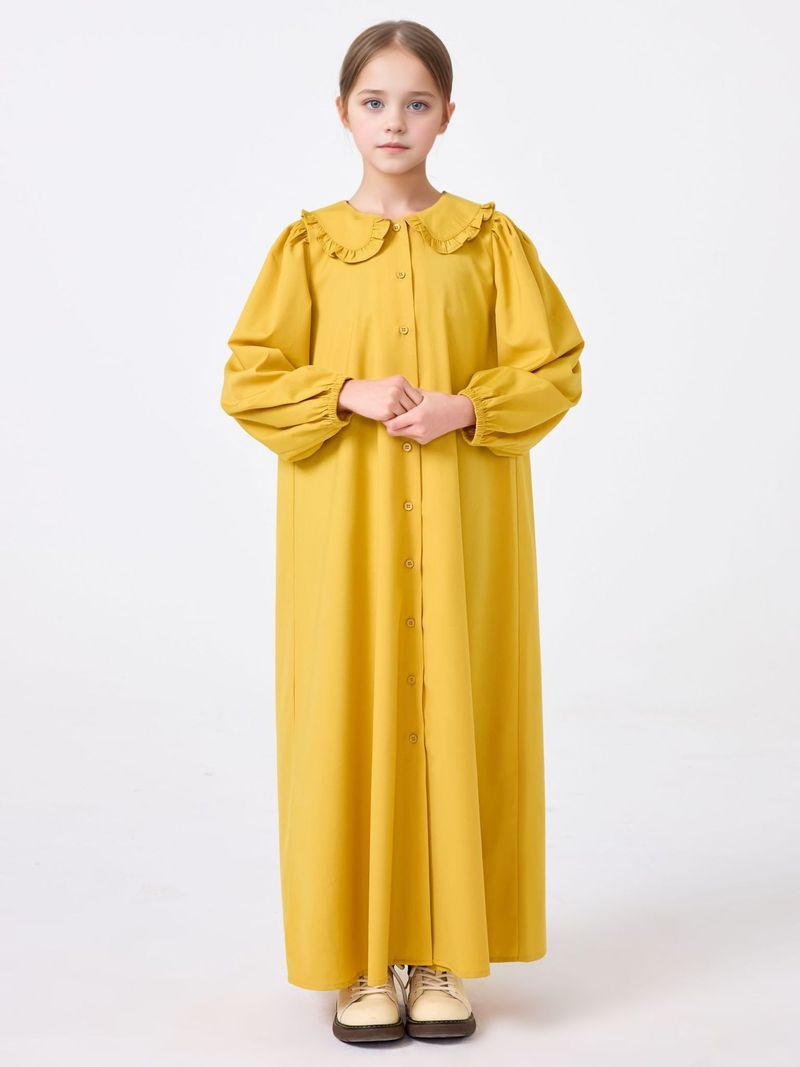 Moeder & Kinderen Midden-Oosterse Meisjes Abaya Effen Kleur Pop Kraag Knoop Jurk Losse Lange Rok Jas Robe_voghion.com
