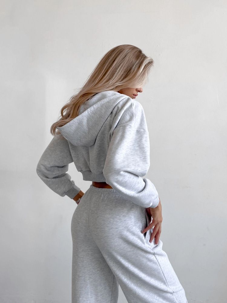 Women's Hooded Zip-Up Sweatshirt & Jogger Set (Breathable Poly-Cotton, Pink/Stone Grey/White, S/M/L/XL, Streetwear Essentials)_voghion.com