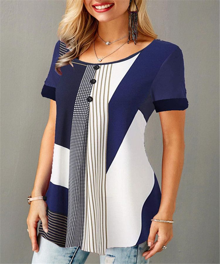 Maglietta a maniche corte con scollo rotondo e bottoni, nuova stampa pullover 2025, taglie forti, moda donna adesso_voghion.com
