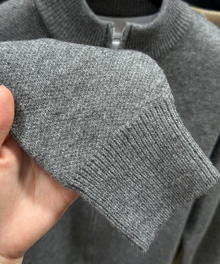 Minimalist Zip-Up Knit Sweater – Solid Color Lightweight Cardigan For Men (Stand Collar, Machine Washable, Acrylic Blend, Gray/Black/Cream, )_voghion.com