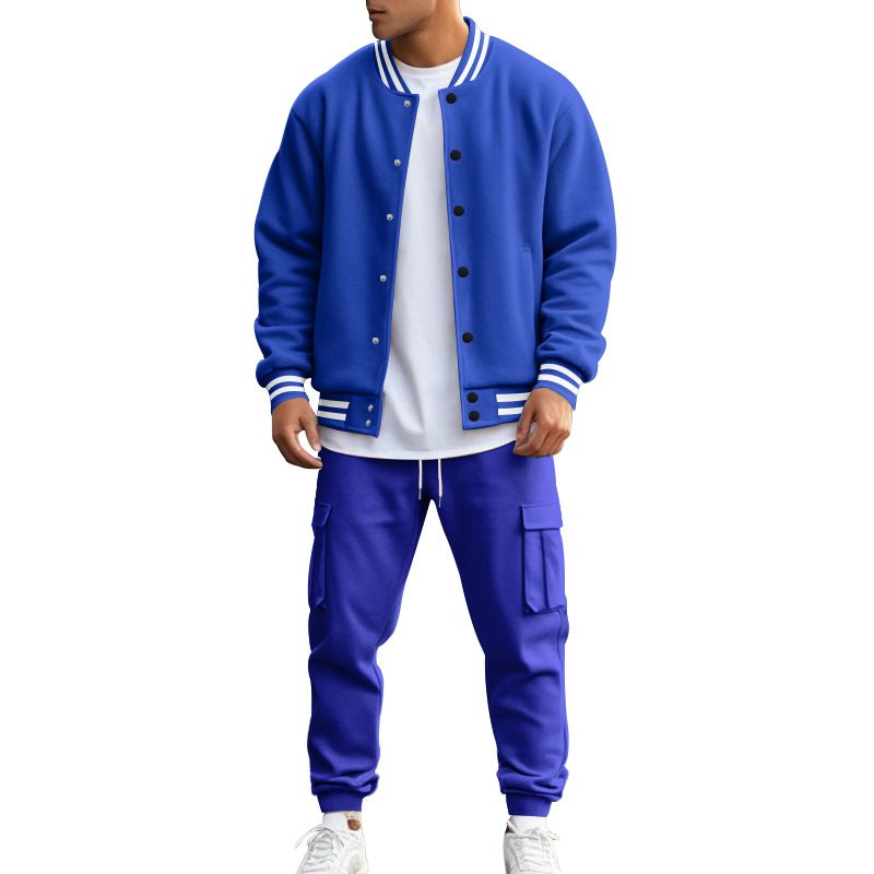 Autumn Winter American Style Stand Collar Baseball Jacket With Fleece Lined Pants Loose Fit Men's Sports Suit_voghion.com