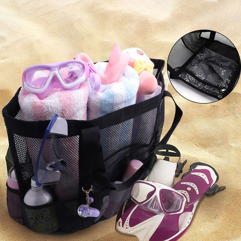 Borsa da spiaggia in rete Borsa da spiaggia con 8 tasche Borsa da bagno Borsa porta giocattoli Borsa cava in rete di grande capacità_voghion.com