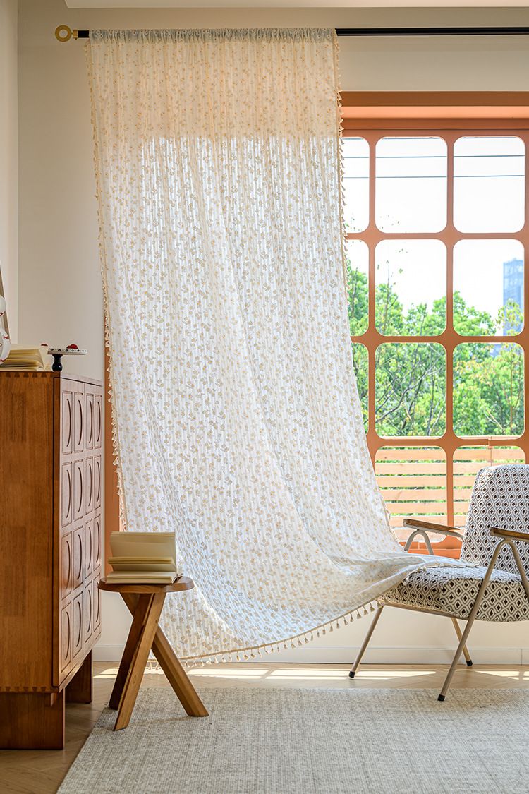 Cortinas de algodón semitransparentes de estilo japonés, sin perforaciones, con ganchos y ojales, con estampado floral bohemio y garabatos para sala de estar y dormitorio._voghion.com