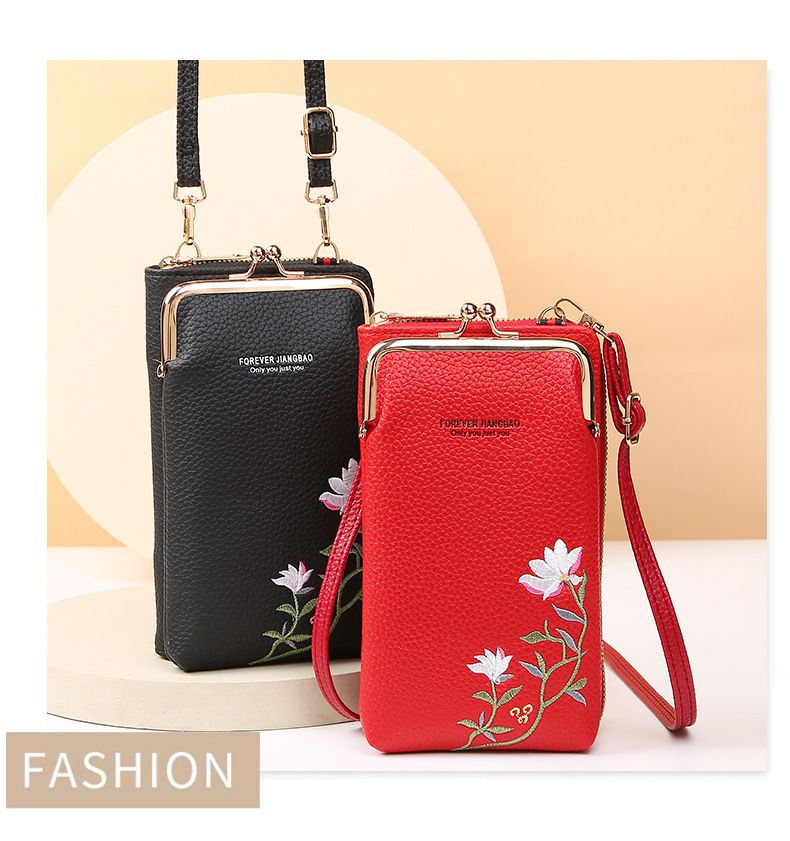 2024 New Women's Mobile Phone Bag Korean Edition Fashion Lychee Pattern Solid Color Embroidery Oblique Span Shoulder Bag_voghion.com