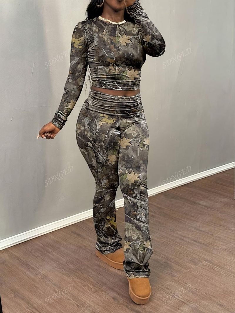 Survêtement Streetwear imprimé arbre – Ensemble t-shirt à manches longues et pantalon taille haute (XS-XL, polyester, soie, effet vieilli)_voghion.com