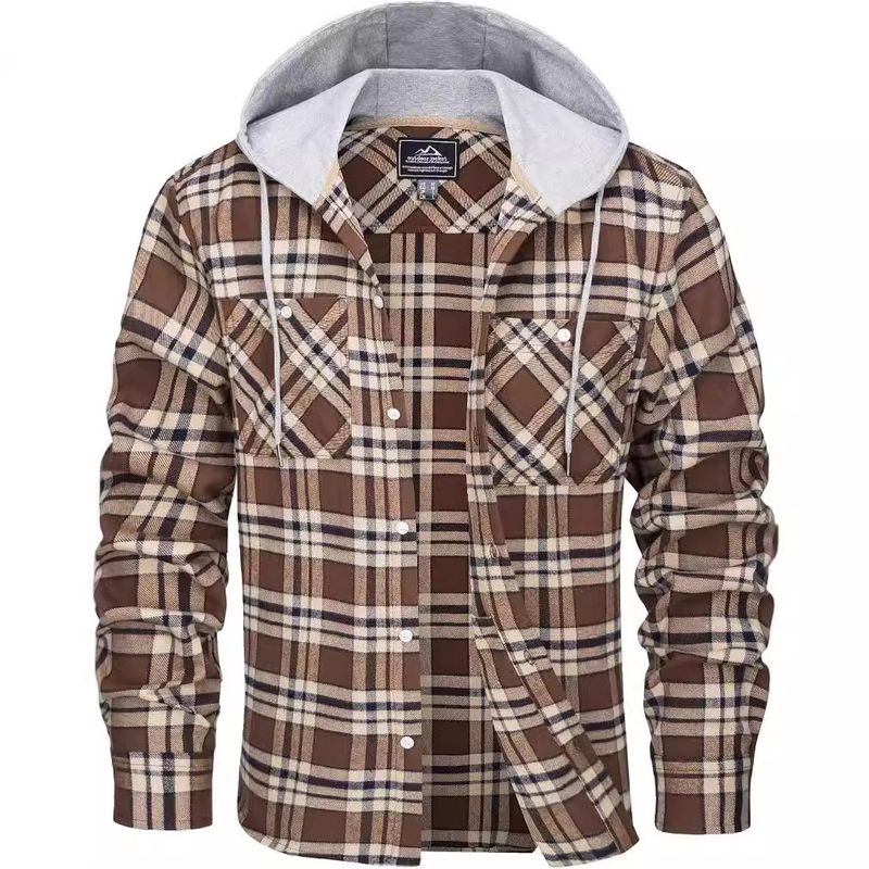 Herrenbekleidung Herbst und Winter Heißes Herren Flanellhemd Baumwolle Langärmliges Kariertes Hemd Lässiges Kapuzenhemd_voghion.com