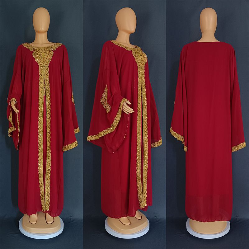 Rochie de damă Jalabiya musulmană din Orientul Mijlociu Malay cu mâneci trompetă brodate Robă brodata din dantelă aurie 8872_voghion.com