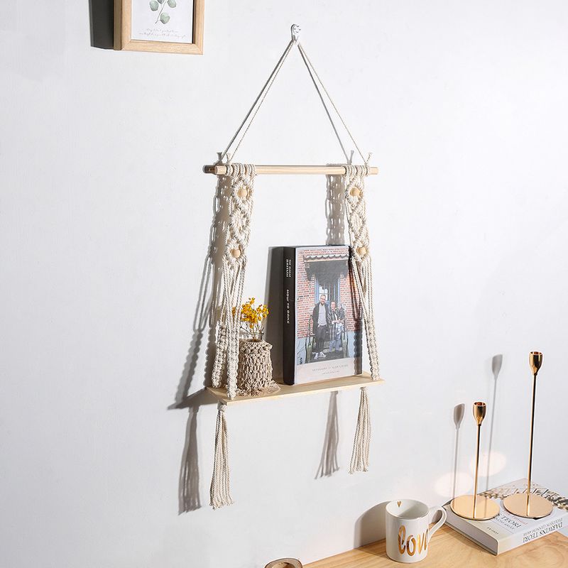 Estantería tejida estilo ins, decoración de pared de madera para el hogar, estantería para balcón y ventana salediza, regalo_voghion.com