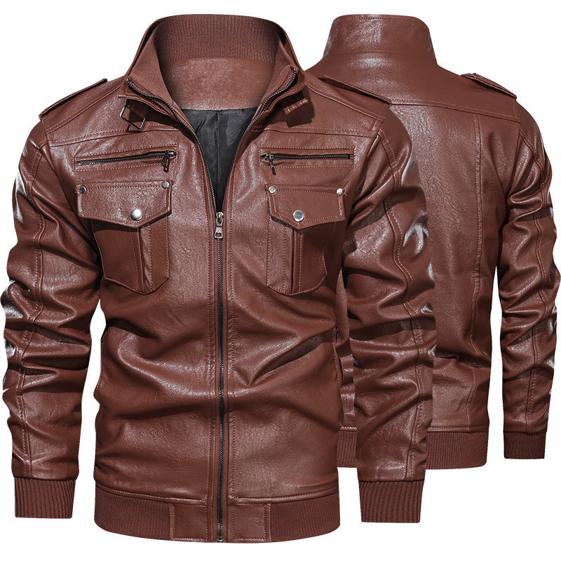 Herrenbekleidung Herren Vintage Washed PU Lederjacke - Retro Biker Style Mantel (Braun/Schwarz, S-3XL)_voghion.com