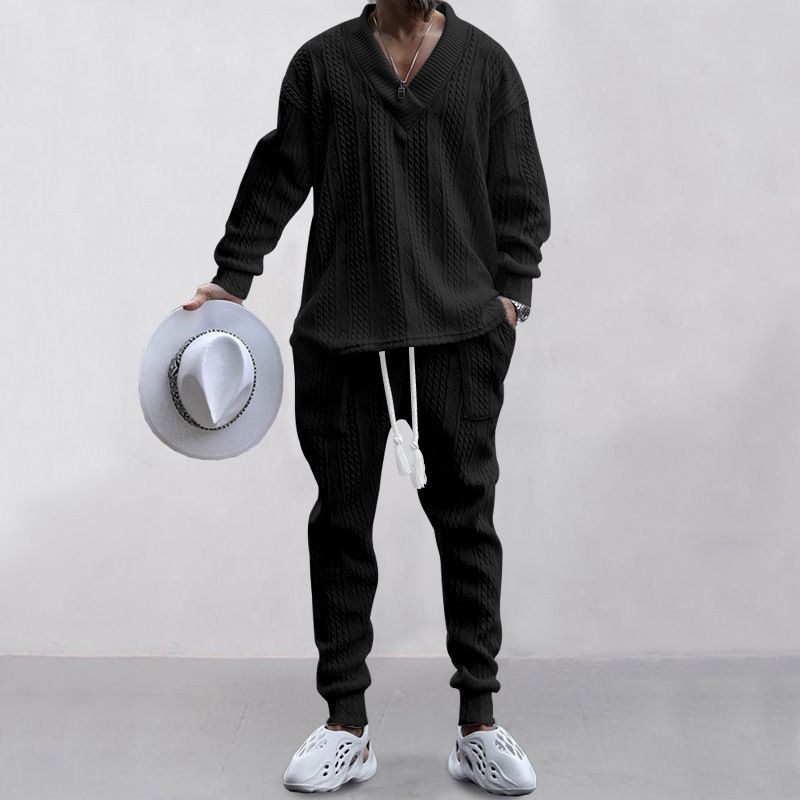 Conjunto de pantalón largo informal para hombre con cuello en V y suéter de punto jacquard. Traje ligero de mezcla de algodón para otoño, ideal para negocios y uso diario._voghion.com