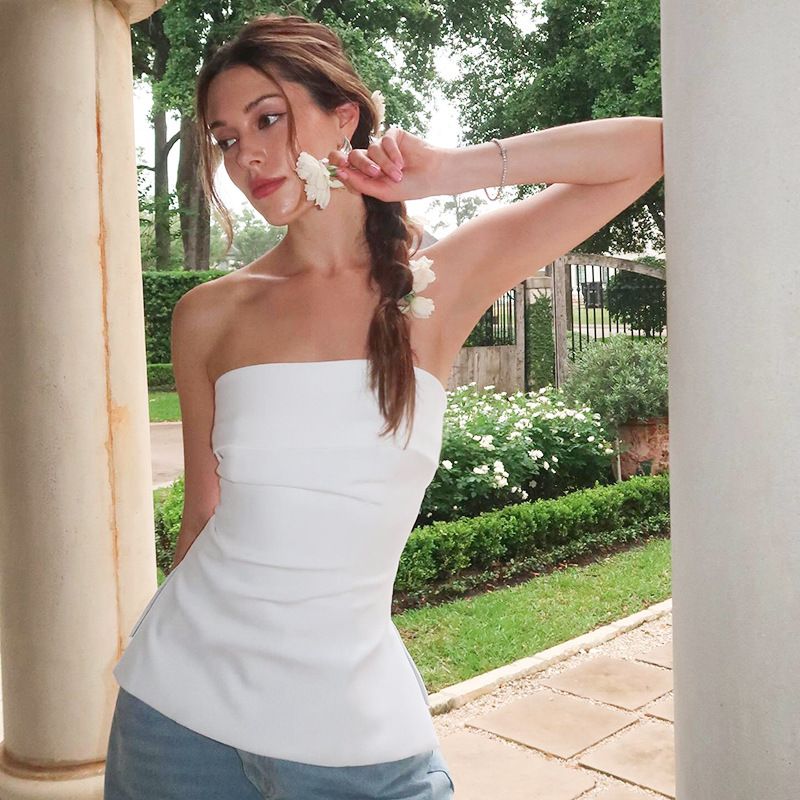 Women's Summer New Style Strapless Backless Slim Fit Slit Solid Color Casual Collar T-shirt Top_voghion.com