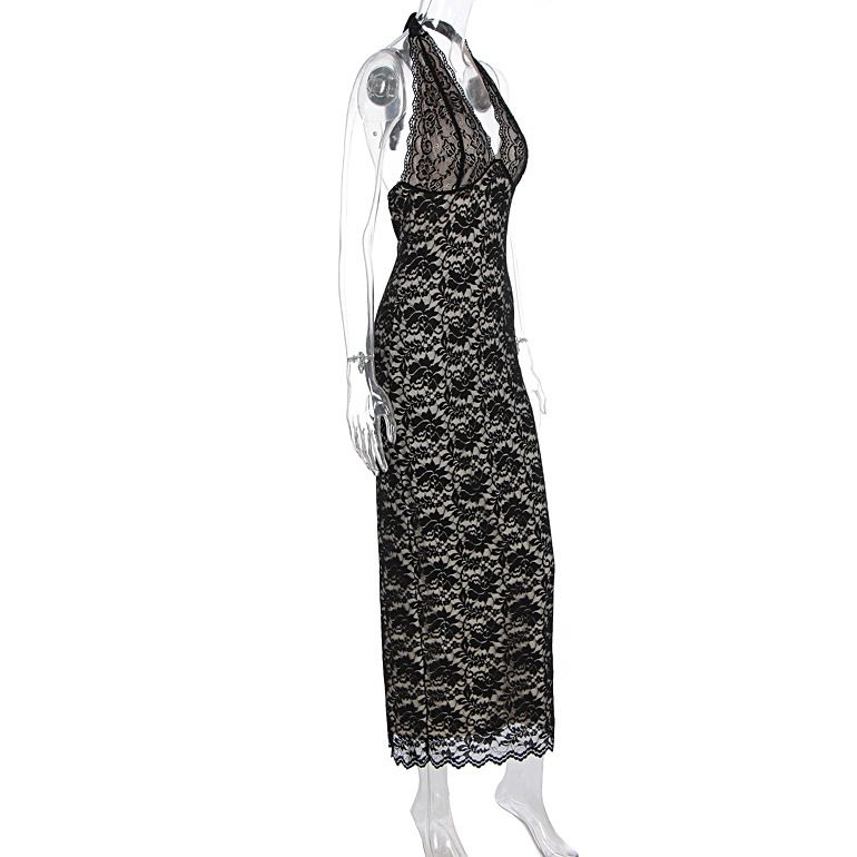 Abito estivo in pizzo con scollo all'americana – Abito lungo aderente sexy con spacco profondo, rete trasparente e vestibilità elasticizzata – Abito da sera elegante e audace (S-L, nero/bordeaux)_voghion.com