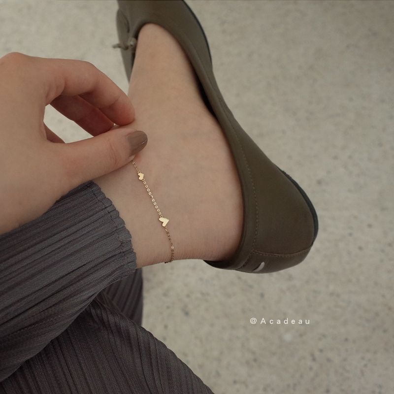 Mini Gradient Small Anklet S Electroplated 14K Gold Simple Polished Heart Shape Cute Pure Silver_voghion.com