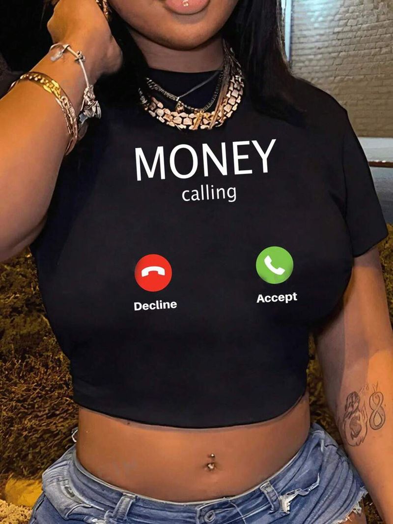 Zomer 2024 Nieuw product Eenvoudige mode bedrukte open navelstreng afslankende onderkant dames top T-shirt_voghion.com