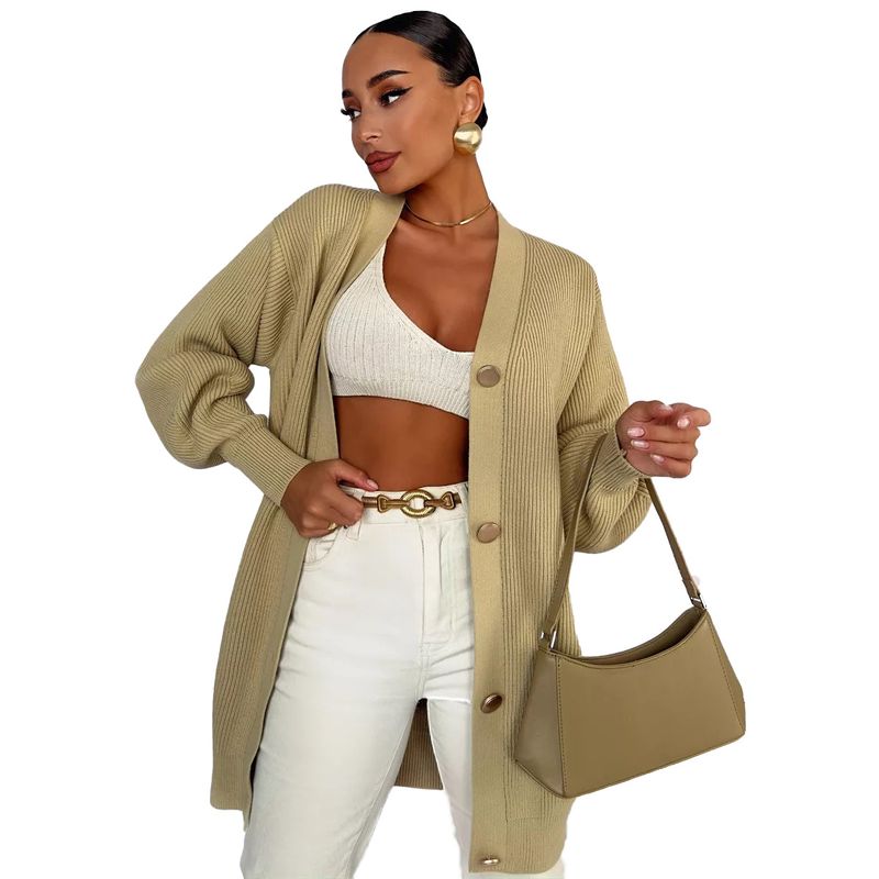 Mittellange bis lange Pulloverjacke für Damen, einfarbig, lässig, vielseitig, locker, V-Ausschnitt, Frühherbst-Strickjacke für Damen_voghion.com