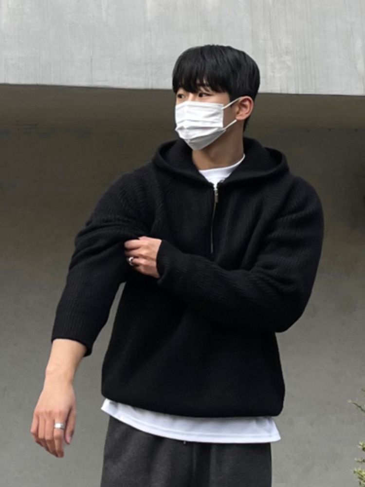 Autumn Hoodie Men's Half Zip Hooded Sweater Thick Knit Sweater Jacket_voghion.com